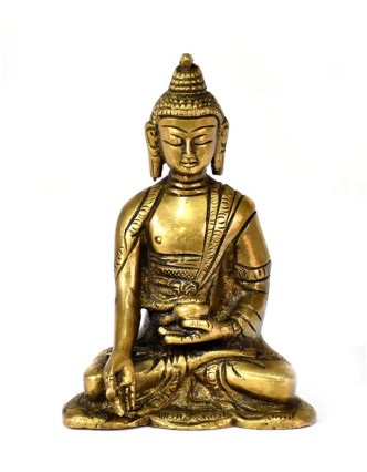 Buddha Ratnasambhava, mosazná soška, zlatá patina, 12x10cm