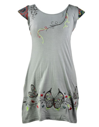 Šedé šaty s krátkým rukávem, "Butterfly" design, barevný potisk a výšivka