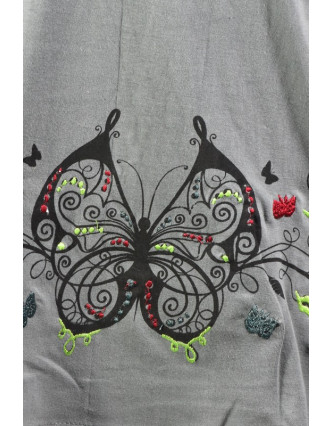 Šedé šaty s krátkým rukávem, "Butterfly" design, barevný potisk a výšivka