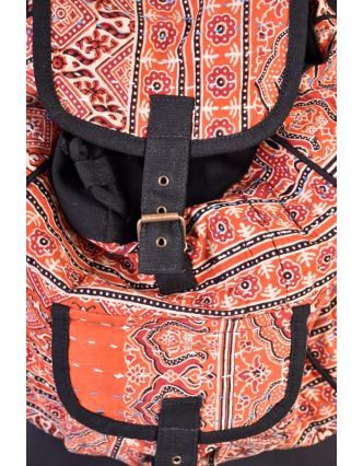 Bavlněný batoh s potiskem, block print, kapsa, cca 38x38cm