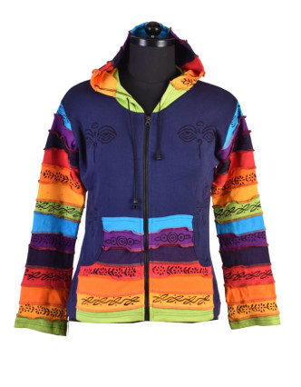 Mikina se špičatou kapucí a potiskem, tmavě modrá s rainbow design, zip a kapsy
