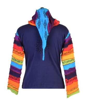 Mikina se špičatou kapucí a potiskem, tmavě modrá s rainbow design, zip a kapsy