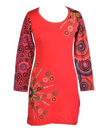 Červené šaty s dlouhým rukávem, Sun design, kulatý výstřih, potisk a výšivka