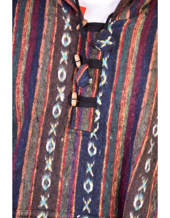 Tibetské pončo z česané bavlny, kapsy, kapuca, multibarevná