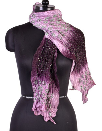 Luxusní hedvábný šál ve fialových tónech, uzlíková batika, cca 150x50cm
