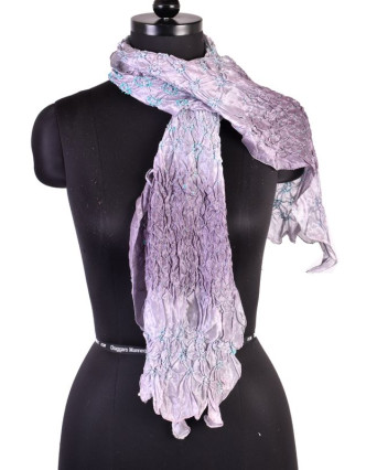 Luxusní hedvábný šál ve fialových tónech, uzlíková batika, cca 150x50cm