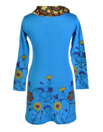 Tyrkysové šaty s dlouhým rukávem a vysokým límce, Flower design, potisk a výšivk