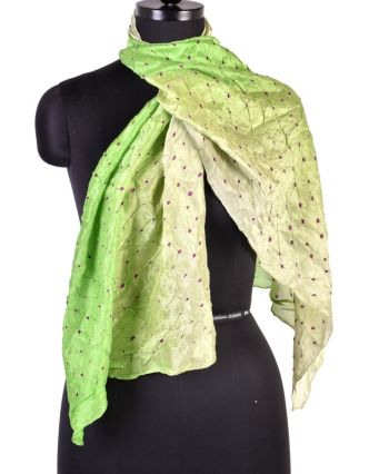 Luxusní hedvábný šál v zelených tónech, uzlíková batika, cca 150x50cm