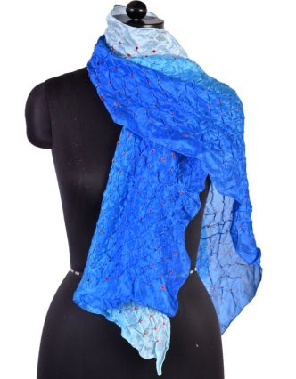 Luxusní hedvábný šál v modrých tónech, uzlíková batika, cca 150x50cm