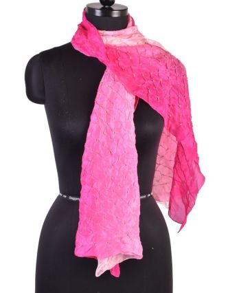 Luxusní hedvábný šál v růžových tónech, uzlíková batika, cca 150x50cm
