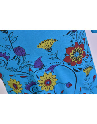 Tyrkysové šaty s dlouhým rukávem a vysokým límce, Flower design, potisk a výšivk