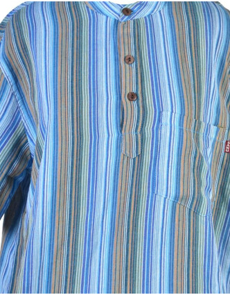 Pruhovaná pánská košile-kurta s krátkým rukávem a kapsičkou, modrá