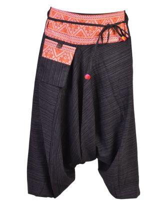 Černé thajské turecké kalhoty s potiskem, kapsa, bambulky