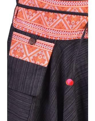 Černé thajské turecké kalhoty s potiskem, kapsa, bambulky