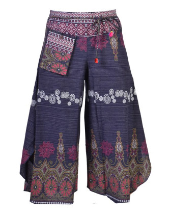 Tmavě modré thajské zvonové kalhoty, ornamentální potisk, kapsa, bambulky