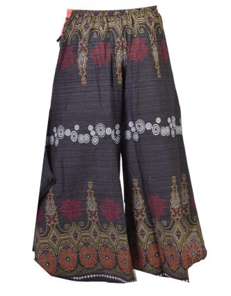 Černé thajské zvonové kalhoty, ornamentální potisk, kapsa, bambulky
