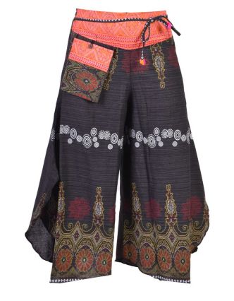 Černé thajské zvonové kalhoty, ornamentální potisk, kapsa, bambulky