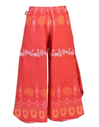 Vínové thajské zvonové kalhoty, ornamentální potisk, kapsa, bambulky