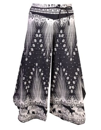 Černo-bílé thajské zvonové kalhoty, orientální potisk, elastický pas