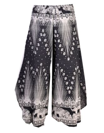 Černo-bílé thajské zvonové kalhoty, orientální potisk, elastický pas