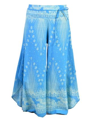 Modré thajské zvonové kalhoty, orientální potisk, elastický pas