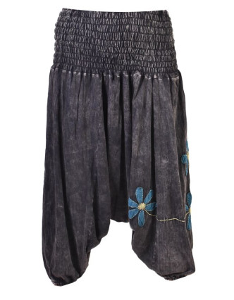 Černé turecké kalhoty s modro-zelenými květinami, výšivka, bobbin