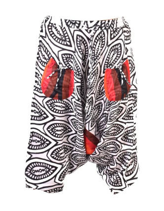 Letní tříčtvrteční turecké kalhoty s potiskem, šňůrka, elastický pas, černá-bílá