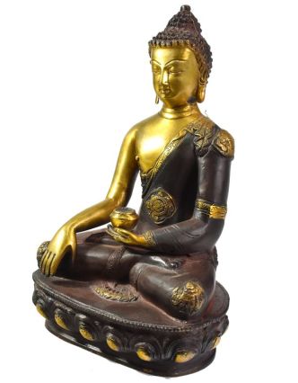 Buddha Šákjamuni, antik zlatá patina, mosazná soška, 30cm