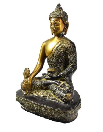 Buddha léčitel (medicine), antik patina, řezba, mosazná soška, 22cm