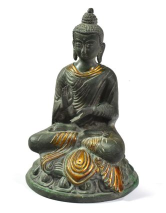 Buddha Amóghasiddhi, antik kamenná zelená patina, mosazná soška, 20cm