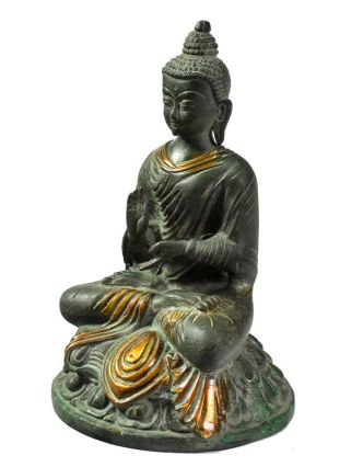 Buddha Amóghasiddhi, antik kamenná zelená patina, mosazná soška, 20cm