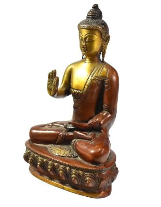 Buddha Amóghasiddhi, antik patina, mosazná soška, 20cm