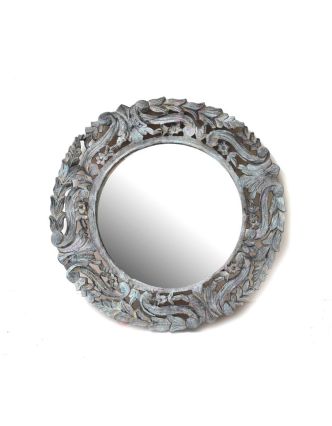 Kulatý rám se zrcadlem, ručně vyřezávaný, bílá patina, prům. 60cm