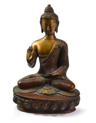 Buddha Amóghasiddhi, antik patina, řezba, mosazná soška, 21cm