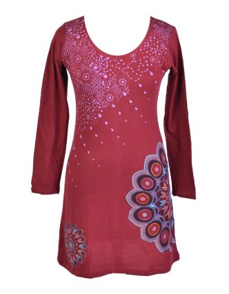 Vínové šaty s dlouhým rukávem, Sun Mandala design, aplikace a výšivka, potisk