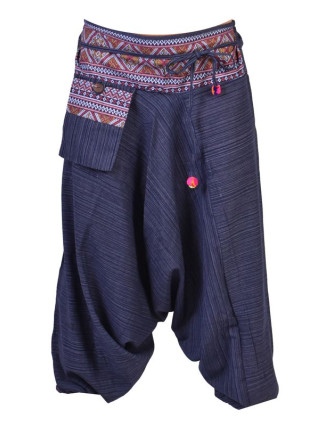 Tmavě modré thajské turecké kalhoty s potiskem, kapsa, bambulky