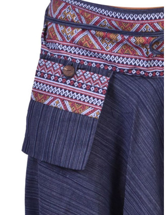 Tmavě modré thajské turecké kalhoty s potiskem, kapsa, bambulky