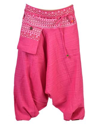 Růžové thajské turecké kalhoty s potiskem, kapsa, bambulky