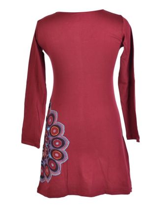 Vínové šaty s dlouhým rukávem, Sun Mandala design, aplikace a výšivka, potisk