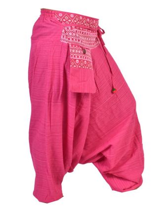 Růžové thajské turecké kalhoty s potiskem, kapsa, bambulky
