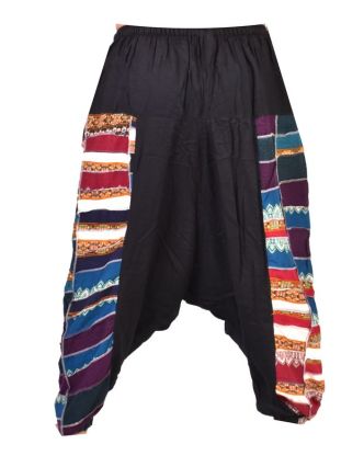 Černé turecké kalhoty s patchworkovým designem, elastický pas