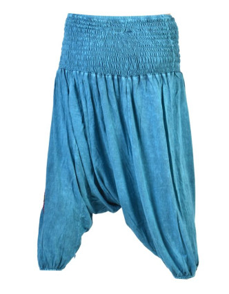 Tyrkysové turecké kalhoty se modrými květinami, výšivka, bobbin