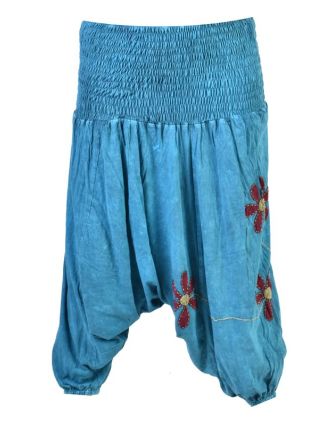 Tyrkysové turecké kalhoty s vínovými květinami, výšivka, bobbin
