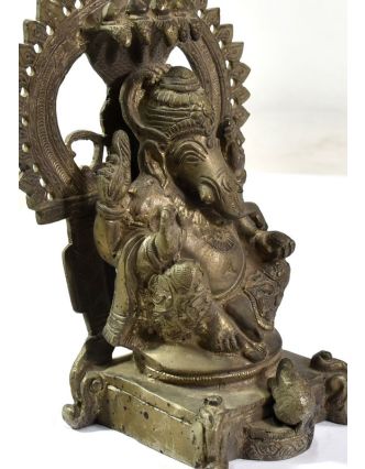 Ganéša, antik cínová patina, mosazná, ručně tepaná socha, 20,5cm