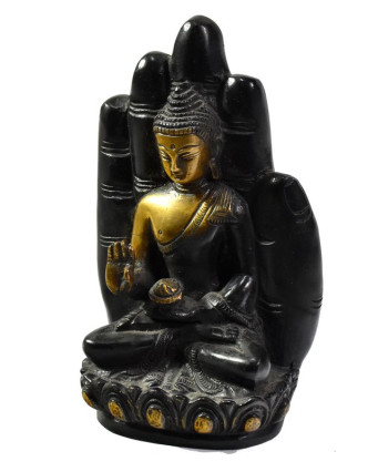 Buddha v dlani, černozlatá patina, mosazná socha, v. 15cm