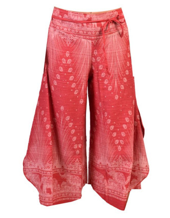 Červeno-bílé thajské zvonové kalhoty, orientální potisk, elastický pas