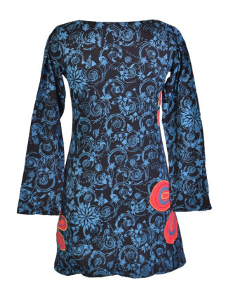 Čermo-modré šaty s dlouhým rukávem, květinový celotisk, výšivka