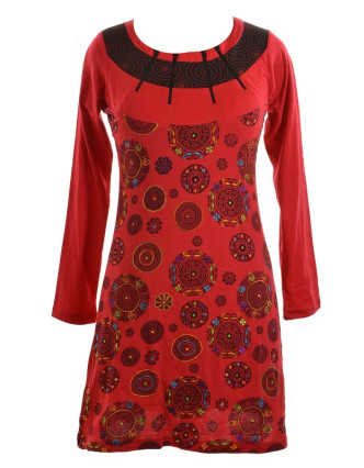 Krátké červené šaty s dlouhým rukávem, Chakra tisk a výšivka, zipy u krku