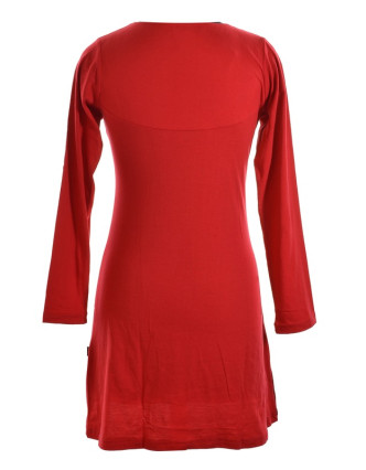 Krátké červené šaty s dlouhým rukávem, Chakra tisk a výšivka, zipy u krku