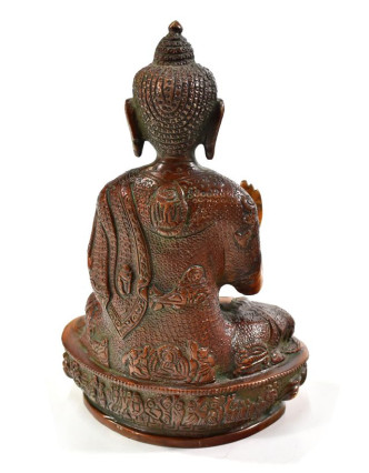 Buddha Amóghasiddhi, antik patina, řezba, mosazná soška, 20,5cm